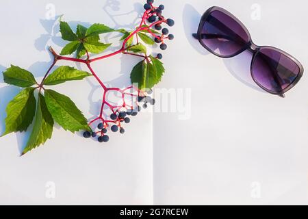 Notizblock Sonnenbrille Trauben. Sommer minimalistische Komposition am Strand. Draufsicht auf ein flaches Layout von einem offenen, sauberen weißen Notizbuch. Konzeptionelle Zusammenfassung Stockfoto