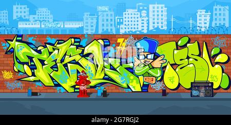 Abstract Outdoor Bunte Urban Streetart Graffiti Wall Mit Zeichnungen Vor Dem Hintergrund Des Stadtbildes Vektor-Illustration Stock Vektor