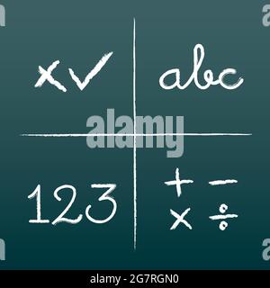 Schule Kreide Symbole Icon Set. Zahlen, Buchstaben und mathematische Symbole. Grüne Tafel. Vektorgrafik, flaches Design Stock Vektor