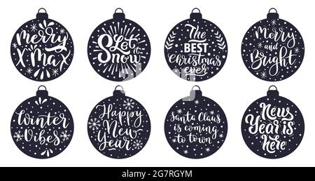 Weihnachtsbaumkugeln Schriftzug. Frohe Weihnachten und ein glückliches neues Jahr Winterferien Gruß Zitate Vektor Illustration Set. Weihnachten Dekorationen Schriftzug Stock Vektor