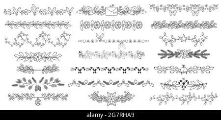 Weihnachtliche Doodle-Trennwände. Weihnachten Feiertage florale Bordüren, dekorative Blumen, Blätter und Beeren Trennblätter Vektor-Illustration-Set. Weihnachten mit Blumenmuster Stock Vektor