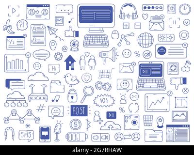 Social-Media-Kritzeleien. Handgezeichnete Netzwerk Social Media Skizzen Symbole isoliert Vektor Illustration Set. Doodle Social Media-Symbole Stock Vektor