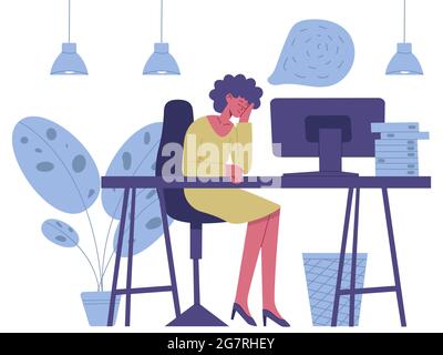 Erschöpfter, müde Charakter. Müde freiberufliche Arbeiter Burnout, weiblichen Charakter psychische Probleme Vektor-Illustration. Müde Büroangestellter Stock Vektor