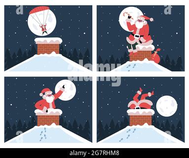 Weihnachtsmann in Schornstein. Niedlicher Weihnachtsmann steckt in Schornstein und taucht in Schornstein mit Fallschirm-Vektor-Illustrationen-Set. Lieferung von Weihnachtsgeschenken Stock Vektor