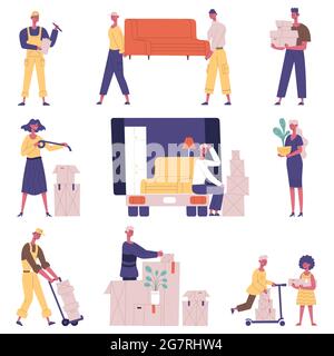 Umzug von Umzugsleuten. Relocation Delivery Service Zeichen, Menschen tragen Möbel und Kartons Vektor Illustration Set. Ausziehen Stock Vektor