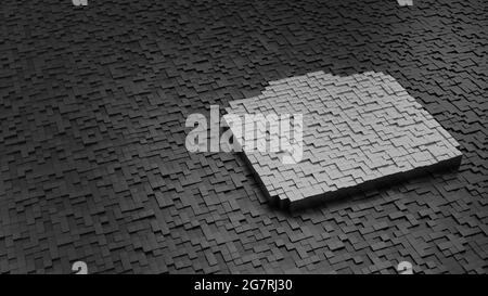 3d-Rendering Metallwürfel in Form eines Symbols der Kamera hell silber auf dunklen Würfeln mit Zufälligkeit gefärbt Stockfoto