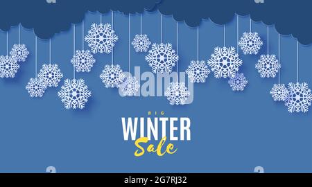 Schneeflocken an Seilen, die in Papierform hängen. Wolken im blauen Nacht-Winterhimmel. Vector Papercut Winter Banner Konzept. Frohe Weihnachten Werbebanner Stock Vektor