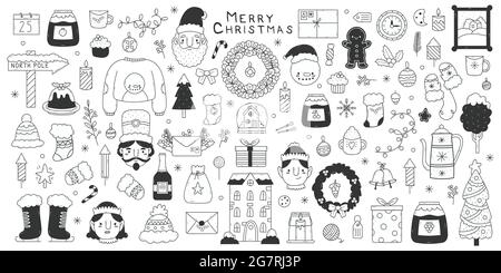 Weihnachtliche Doodle-Elemente. Winterferien handgezeichneter Weihnachtsmann, Schneeflocken, Geschenke und Schneemann Vektor-Illustration-Set. Niedliche Weihnachten Doodle Symbole Stock Vektor