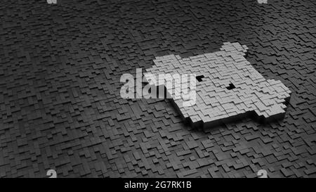 3d-Rendering Metallwürfel in Form eines Symbols für das Verhältnis des Erntegutrahmens hellsilber auf dunklen Würfeln mit Zufälligkeit gefärbt Stockfoto