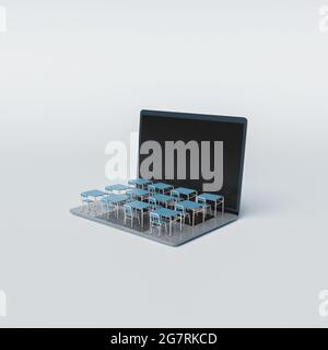 Schulschreibtische auf einem Laptop in minimalem Konzept von virtuellem Klassenzimmer, Online-Klassen und Fernunterricht. 3d-Rendering Stockfoto