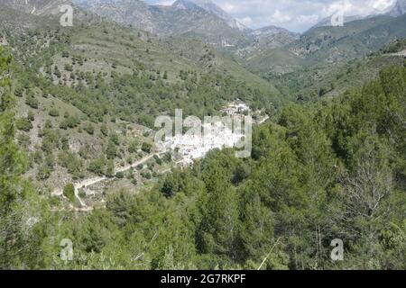 Spanien, Frigiliana. El Acebuchal. Schönes Dorf in den Bergen an der Costa del Sol. Ländliches, friedliches Spanien mit kiefernbewachsenen Bergen. Land Stockfoto