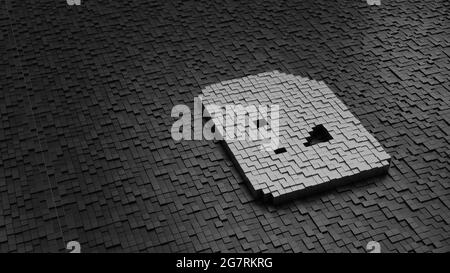 3d-Rendering Metallwürfel in Form eines Symbols aus Papier mit gebogenen Ecken und Landschaft hellsilber auf dunklen Würfeln mit Zufälligkeit gefärbt Stockfoto