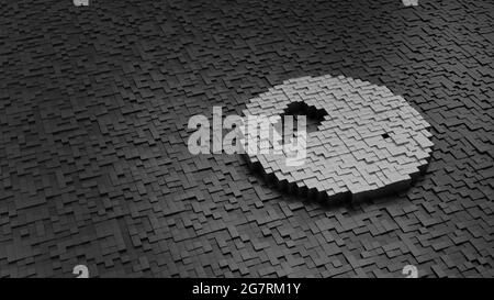 3d-Rendering Metallwürfel in Form von Symbol des Globus Asien Kontinent hell silber auf dunklen Würfeln mit Zufälligkeit gefärbt Stockfoto