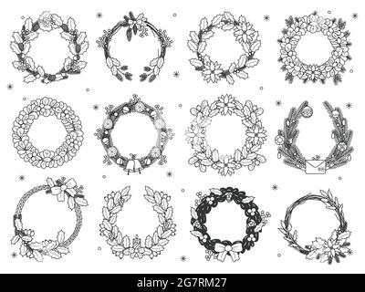 Weihnachtskränze mit Blumenmuster. Handgezeichnete Winter Weihnachten Urlaub Doodle Kränze und Girlanden Vektor-Illustration-Set. Frohe Weihnachten dekorativ floral Stock Vektor