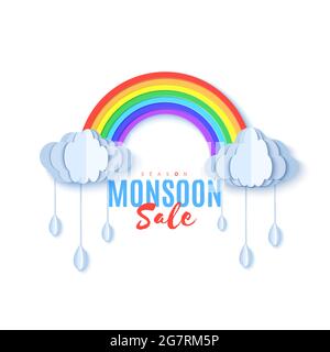 Regenbogen und Wolken mit umfallenden Tropfen im Papierschnitt-Stil. Vektor bewölktes Wetter Konzept isoliert auf weißem Hintergrund. Monsunwerbung Stock Vektor