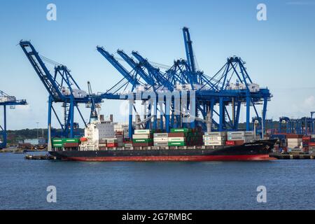 Maersk Wilmington Container Cargo Ship in Port Colon Republik Panama vor dem Hintergrund der Gantry Container Cranes Stockfoto