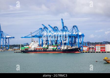 Maersk Wilmington Container Cargo Ship in Port Colon Republik Panama vor dem Hintergrund von Kranen Stockfoto