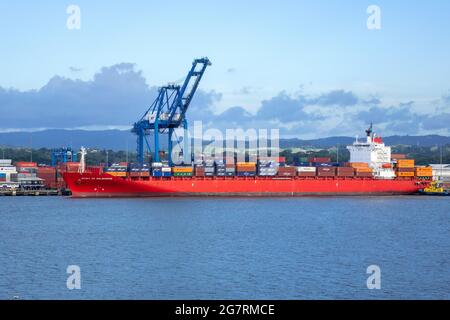 Spirit of Melbourne Container Cargo Ship in Port Colon Republik Panama vor dem Hintergrund von Container Cranes Stockfoto