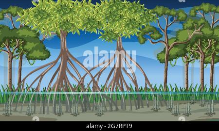 Naturszene mit Mangrovenwald bei Nacht in Cartoon-Stil Illustration Stock Vektor