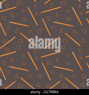 Nahtloses Muster mit orangefarbenen Bleistiften, lustigen geometrischen Figuren Kreis, Dreieck und Quadrat auf grauem Hintergrund. Zurück zum Schulkonzept. Büromaterial. Stockfoto