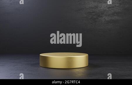 Golden One Zylinder Produkt Bühne Podium Tisch auf schwarzem Zement Hintergrund. Abstraktes minimalistisches Modethema. Geometrie Ausstellung Bühne Mockup Konzept. 3 Stockfoto
