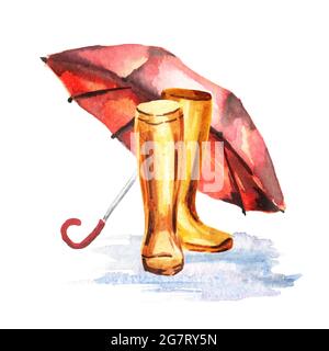 Regenstiefel und Regenschirm. Handgezeichnete Aquarell-Illustration Stockfoto