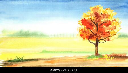 Herbst horizontaler Hintergrund. Aquarell handgezeichnete Illustration Stockfoto