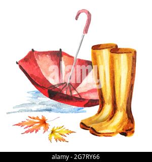 Gummistiefel und Regenschirm. Handgezeichnete Aquarell-Illustration Stockfoto