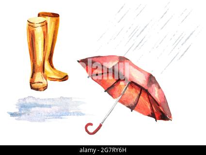 Regenset mit Regenschirm, Gummistiefeln, Pfütze, Regentropfen. Handgezeichnete Aquarell-Illustration Stockfoto