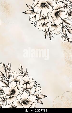 Abstrakte Aquarell Kunst Hintergrund im Vintage-Stil, florale Einladungskarte Vorlage mit Linienkunst Blumenstrauß, böhmische Illustration für Hochzeit Stockfoto