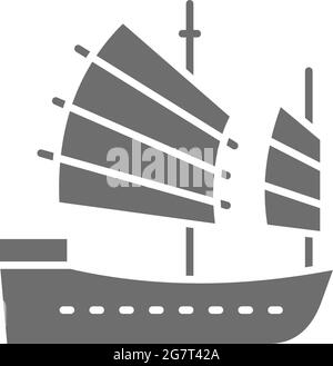 Asiatisches Junk-Boot, graues Schiffssymbol in Hongkong. Stock Vektor