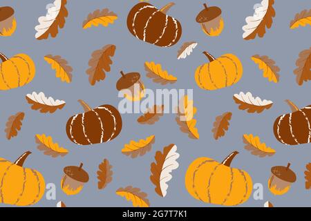 Niedliche Kürbisse und Blätter nahtlose Vektor-Muster für Stoff, Geschenkpapier oder Tapete. Gemüse Herbst Hintergrund. Stock Vektor