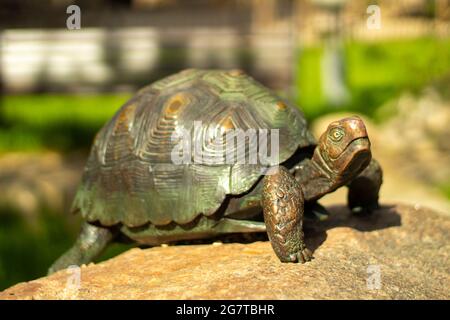 Skulptur einer Schildkröte. Bronzeschildkröte auf einem Stein. Die Figur schmückt den Park. Skulptur einer Schildkröte im Sonnenlicht. Stockfoto