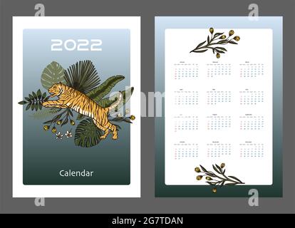 Weihnachten 2022 Kalender mit springenden Tiger Tier Vektor-Design. Grußkarte a4 druckbare chinesische Neujahrsvorlage mit Cartoon tropische Grafik weihnachten Illustration. Stock Vektor