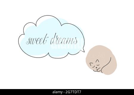 Eine niedliche Katze schläft und hat süße Träume. Illustration mit Textwolke mit Handschriftzug. Stock Vektor