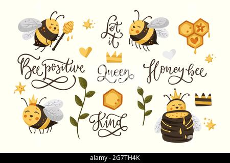 Cartoon Honigbiene Natur Grafik Set. Schriftzug positiv niedliches Design mit Textzitat. Stock Vektor