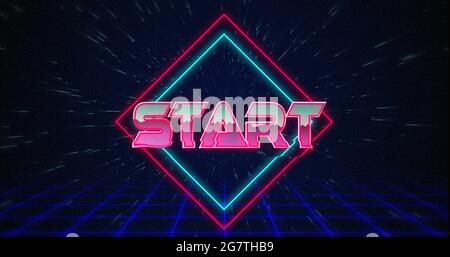 Retro Start Text glitching over blue and Red Squares 4k Stockfoto