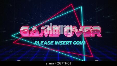 Retro Game over Text glitching over blue and Red Triangles on white Hyperspace effect 4k Stockfoto