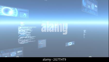 Bild der Datenverarbeitung und Scopes auf Bildschirmen mit hellblauem Hintergrund Stockfoto