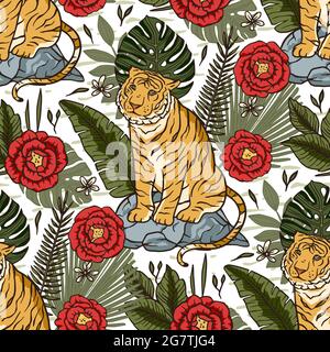 Jungle Tiger exotisches tropisches nahtloses Muster mit Rosenblüte. Tier floral Natur Stoff Illustration. Textil-Monstera-Tropendruck mit Palmenblatt. Stock Vektor