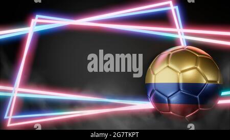 Fußball in Fahnenfarben auf abstraktem Neonhintergrund. Kolumbien. 3D-Bild Stockfoto