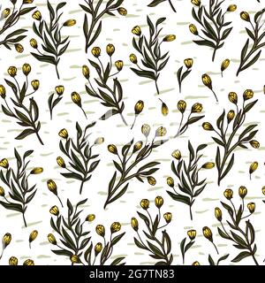 Gelbe Wiese Blume nahtlose Muster Hintergrund. Rustikale elegante romantische Einfachheit Textil-Vektor-Tapete. Kleine Stoffdarstellung. Stock Vektor