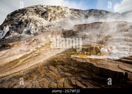 Terrassen von Mammoth Hot Spring von Kalziumkarbonat durch Rauch aus dem heißen Wasser bedeckt, Yellowstone National Park, Wyoming, USA. Stockfoto