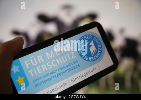 Viersen, Deutschland - 1. Juli. 2021: Nahaufnahme des Telefonbildschirms mit Logo-Schriftzug des deutschen tierschutzbundes, verschwommener Kuhhintergrund Stockfoto