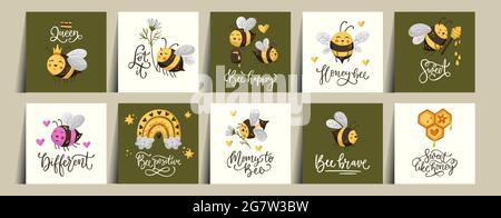Niedliches Sommerkartenset mit Honigbiene. Kinder Poster Kollektion mit Insektendesign, Wiesenblumen und Schriftzug Zitat. Stock Vektor