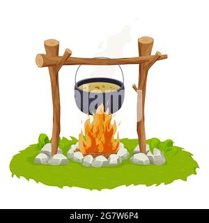 Schwarzer Campingtopf über einem Lagerfeuer im Cartoon-Stil isoliert auf weißem Hintergrund. Holzstöcke, Feuer mit Steinen, mit Gras verziert. Picknick kochen, Reisevorbereitung. Vektorgrafik Stock Vektor