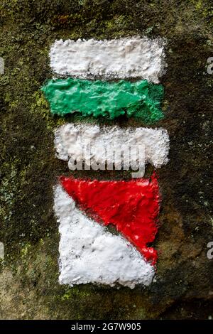 Rote, weiße und grüne Schilder auf einem moosigen Felsen Stockfoto