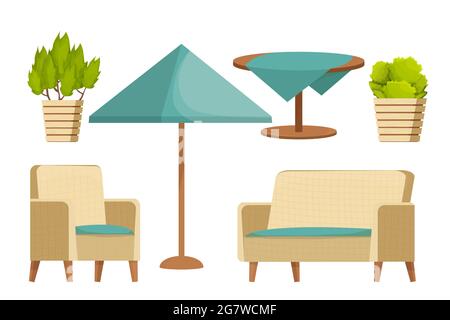 Gartenmöbelset, bequemer Sessel, Sofa, Sonnenschirm, Tisch mit Tischdecke und Pflanzen im Cartoon-Stil isoliert auf weißem Hintergrund. Luxus-Kollektion, Terrasse zur freien Verfügung. Vektorgrafik Stock Vektor