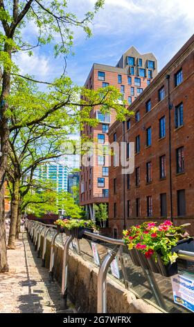 Die Kampus-Entwicklung über den Rochdale-Kanal, von der Canal Street, Manchester, England, Großbritannien Stockfoto