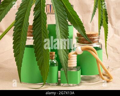 Naturkosmetik mit Cannabis und grünen Flaschen und Blätter Marihuana. Stockfoto